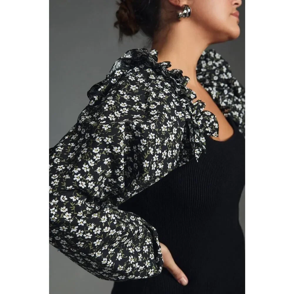 NWT By Anthropologie Woven Ruffle-Sleeve Sweater XS Black Floral Puff Sleeve